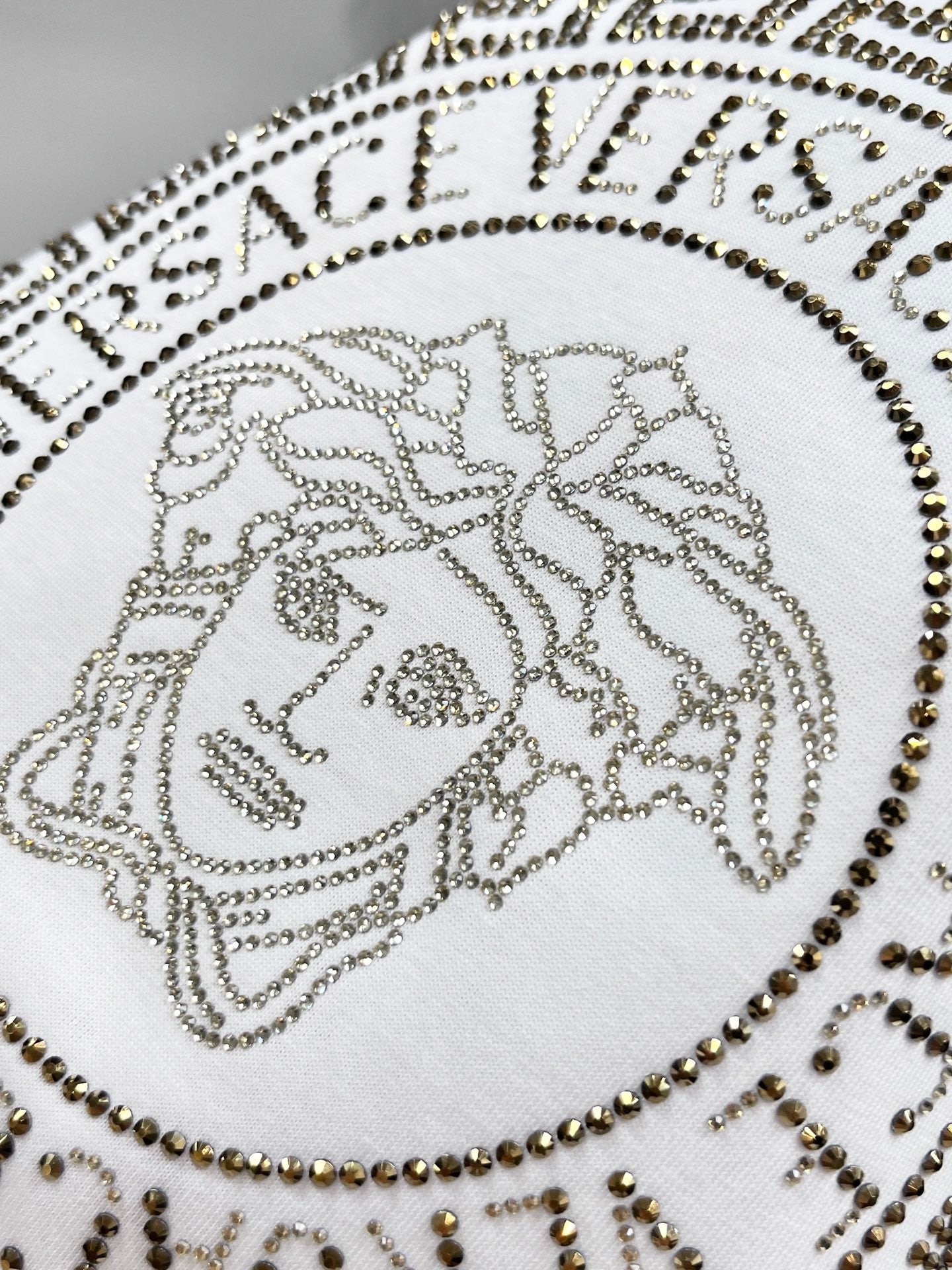 Versace T-shirt medallion graphic with gold-tone bead trim