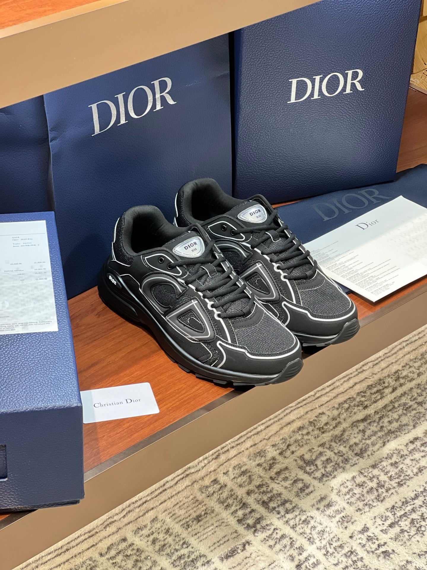 Dior ladies lace-up sneakers: dark gray with white logos and thick tread sole
