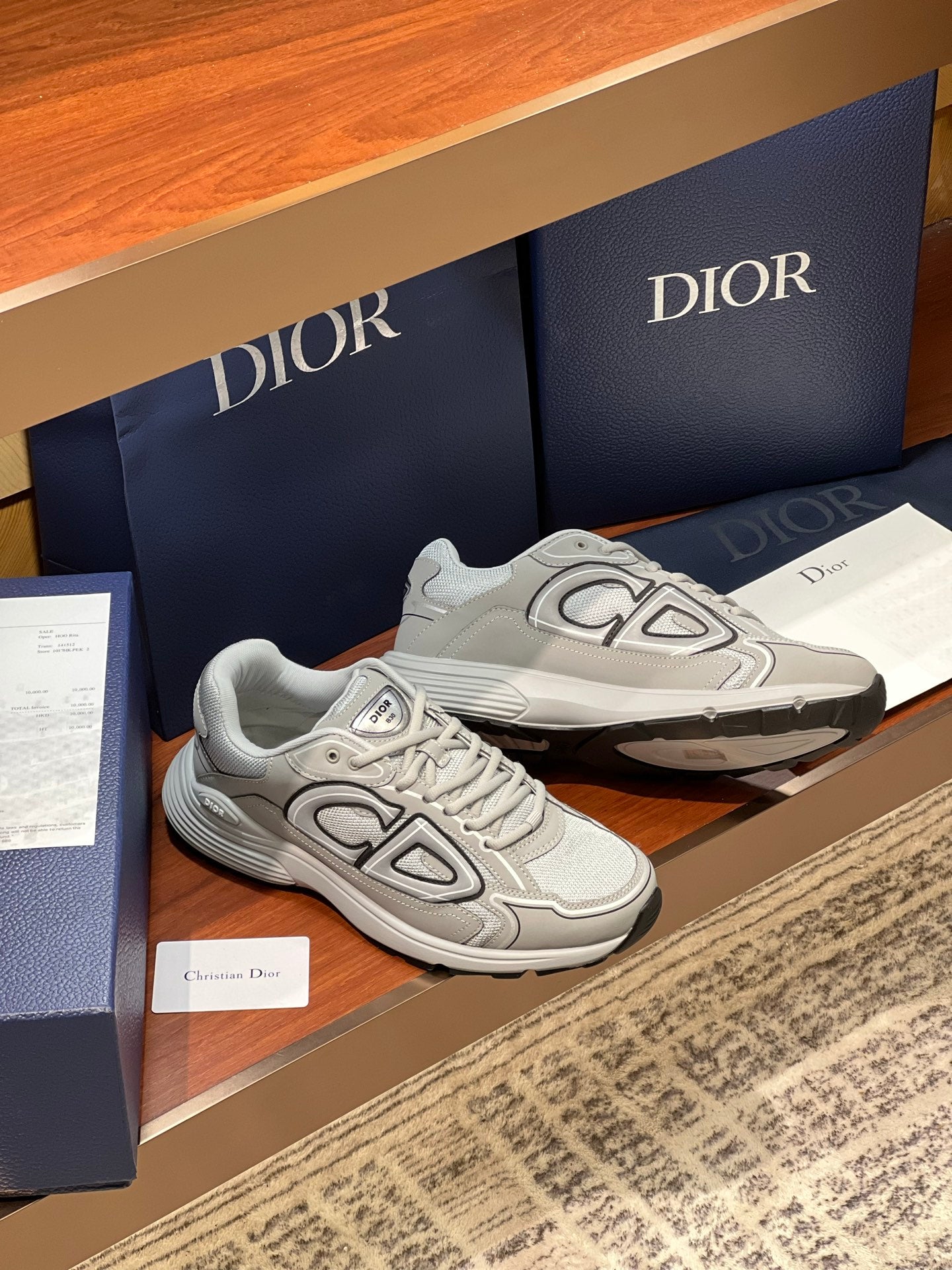Dior ladies sneakers, light gray with logo emblem and lace-up design