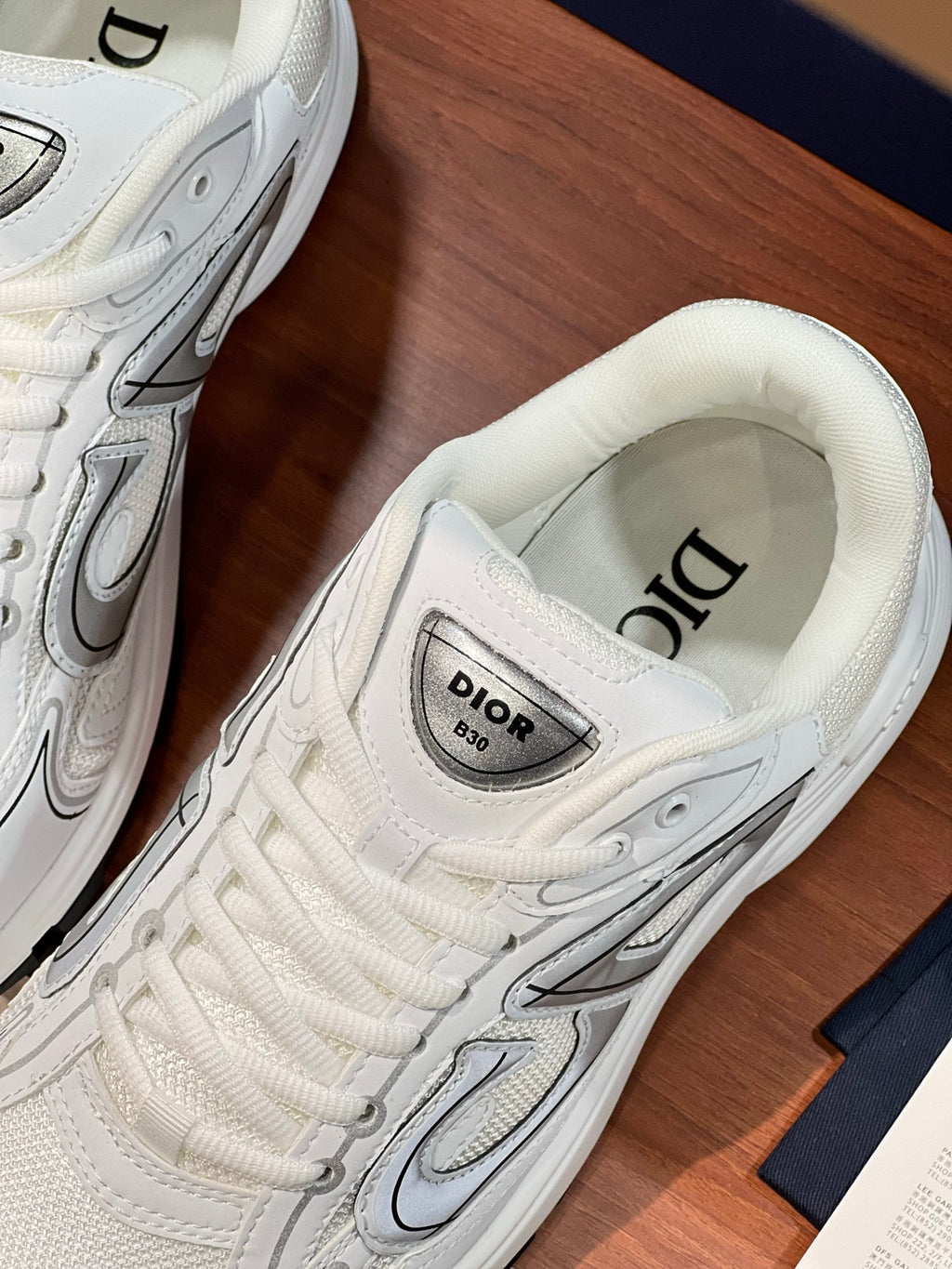 White Dior sneaker upper with gray side emblem, laced front and padded collar