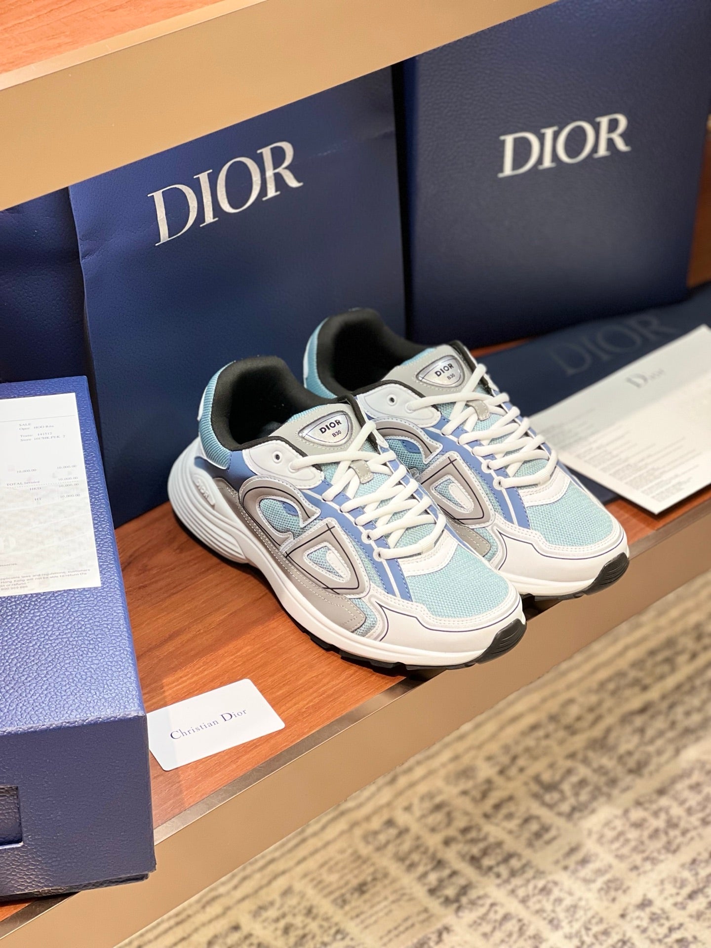 Dior women's lace-up sneakers, light blue panels with white laces and tread sole