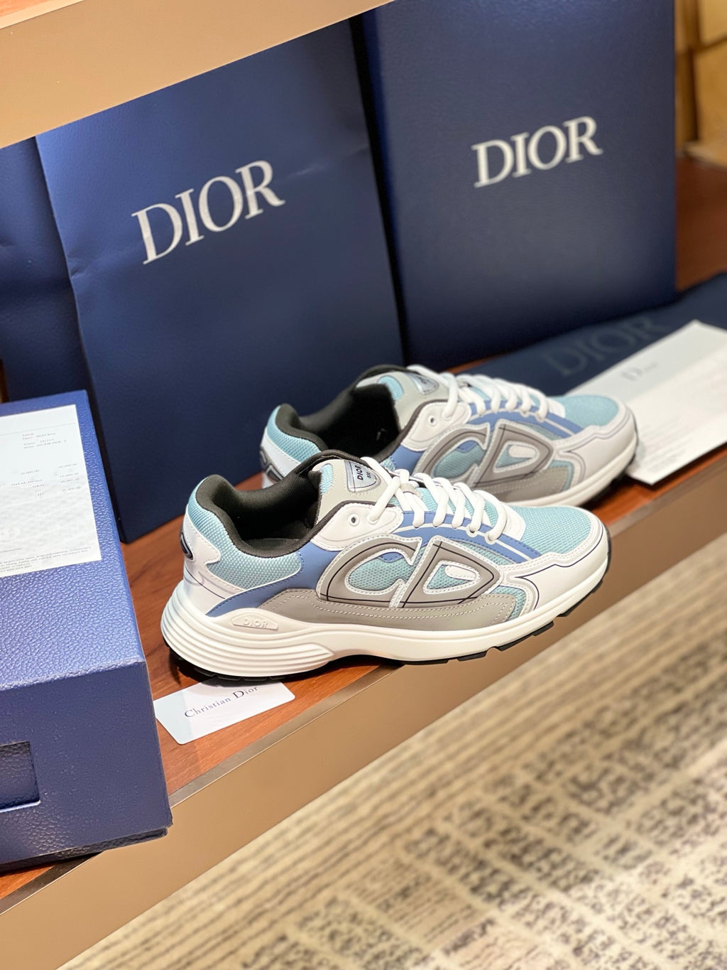Dior women's lace-up sneakers, light blue and white with thick white outsole