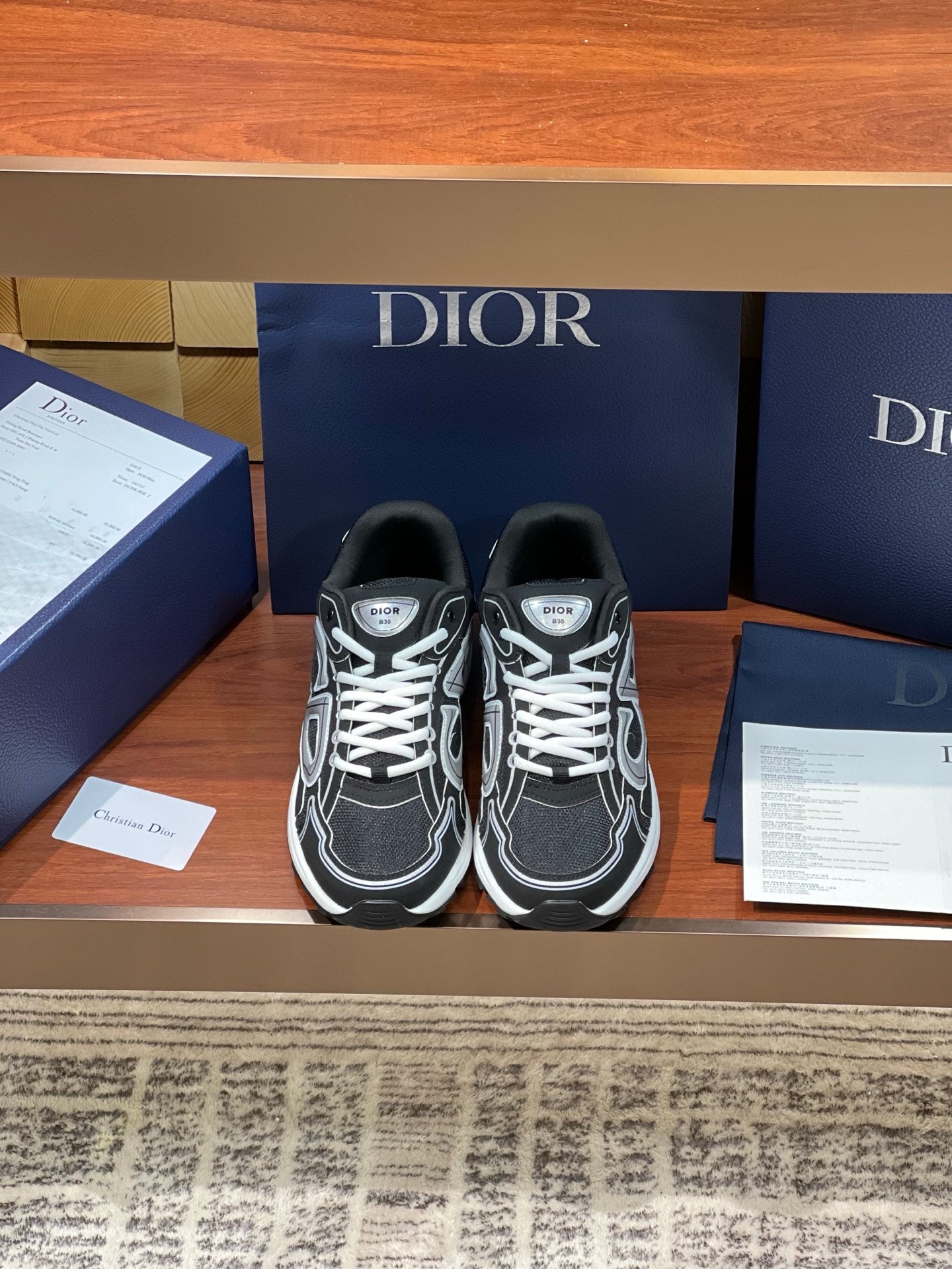 Dior ladies lace-up sneakers, black with white logo panels and textured sole