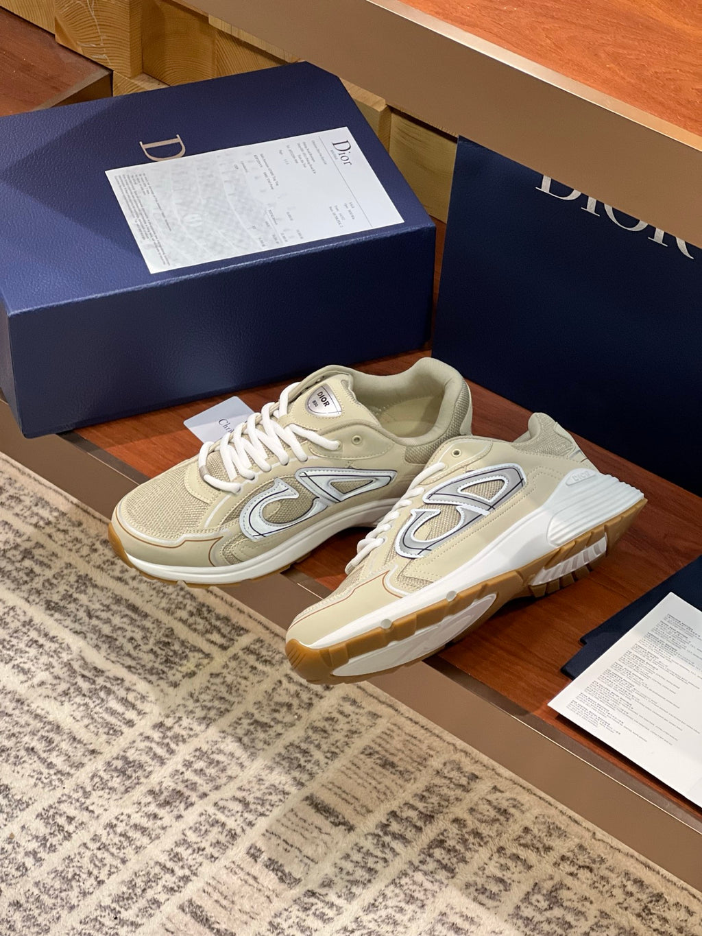 Beige Dior lace-up sneakers with thick white rubber sole