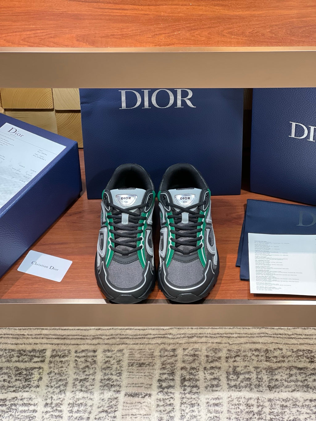 Dior ladies sneakers, grey mesh with green laces and chunky black sole