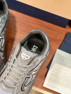 Dior ladies grey sneaker close-up of laces, tongue logo, and collar