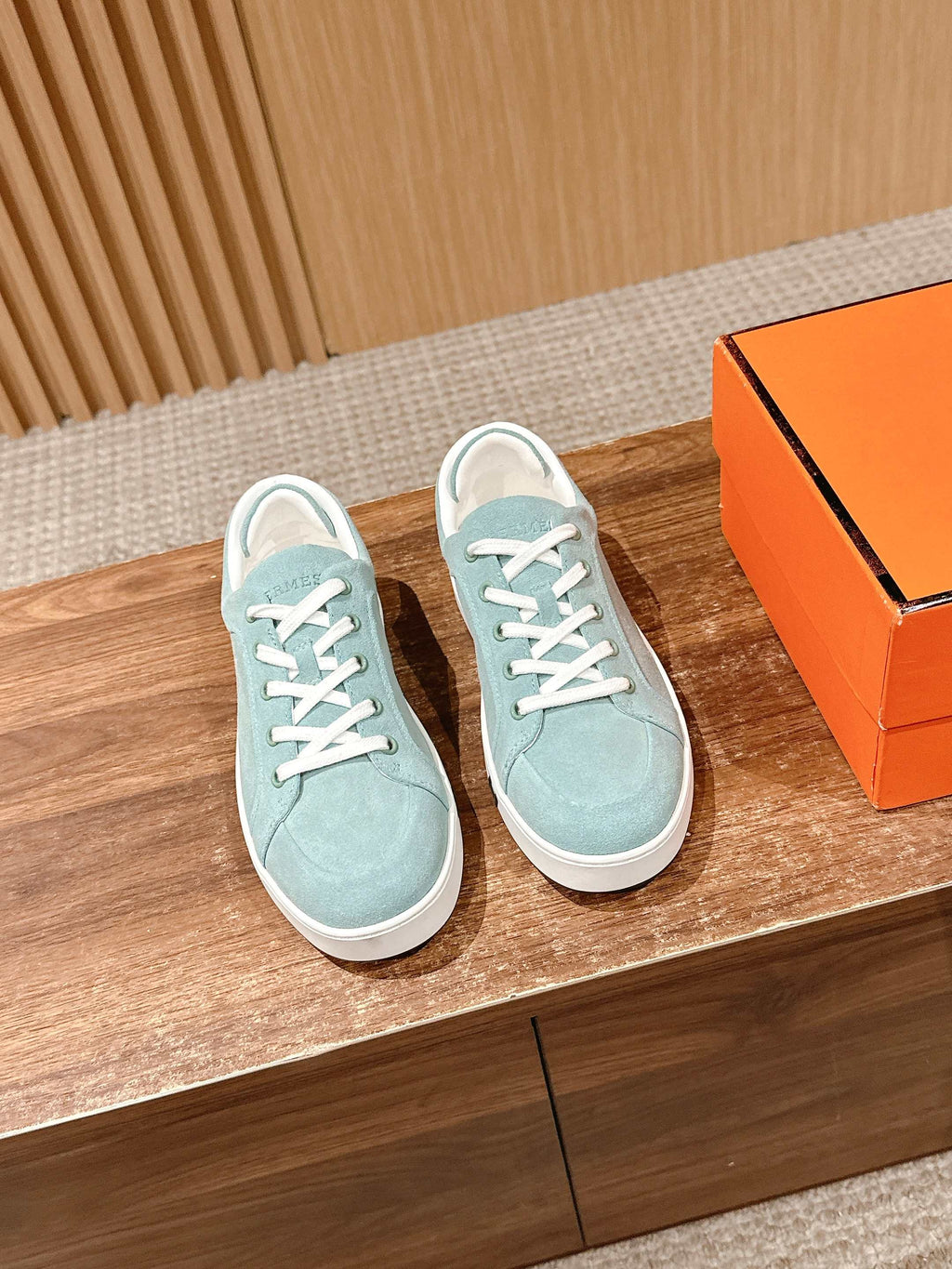 Hermes unisex sneakers, light blue suede with white lace-up and rubber sole