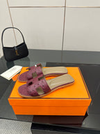 Hermes ladies sandals in purple suede, beige lining, slip-on slide style