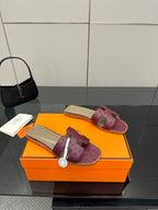 Hermes ladies slide sandals in purple suede, beige footbed, adjustable buckle strap