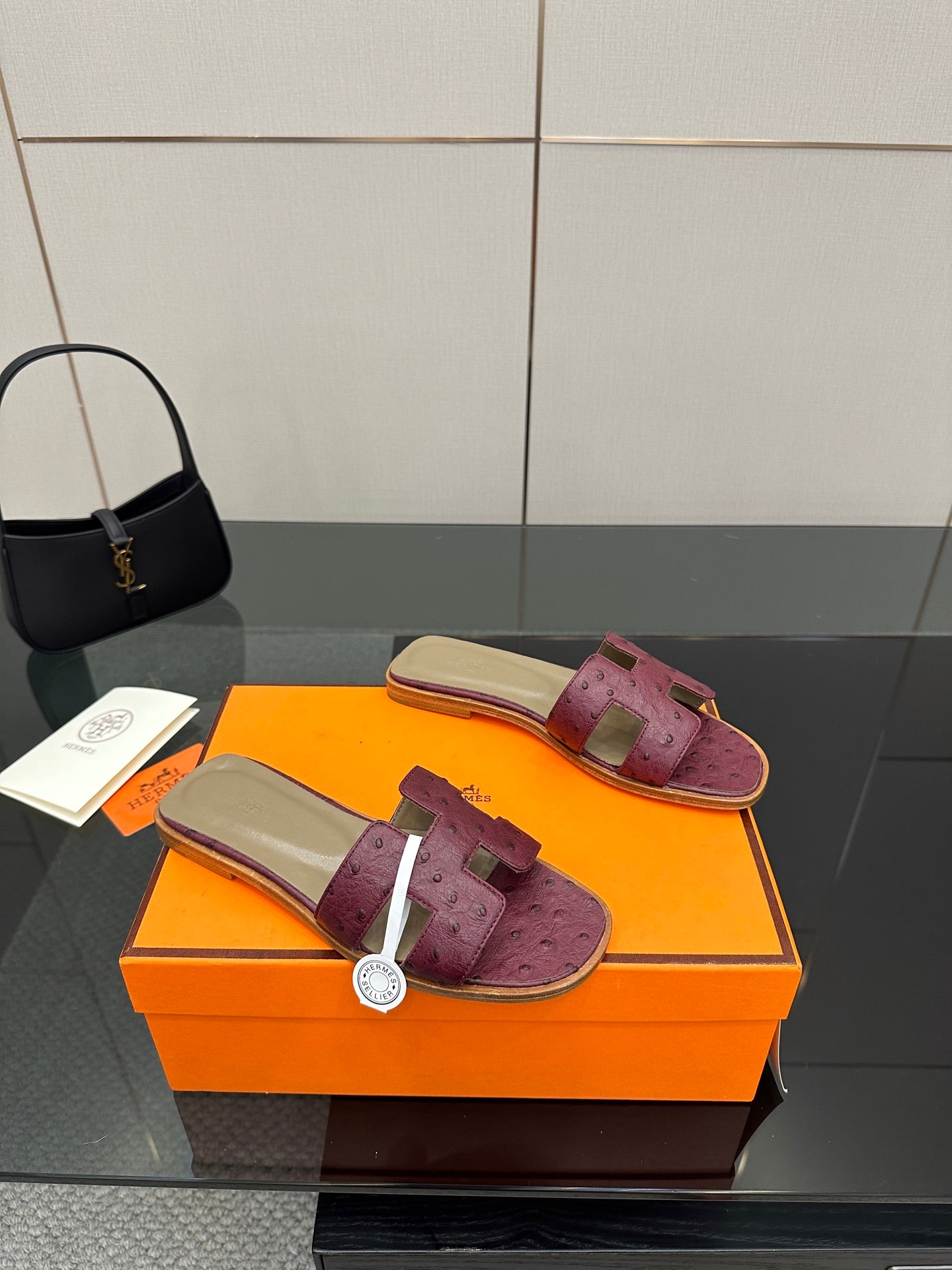 Hermes ladies slide sandals in purple suede, beige footbed, adjustable buckle strap