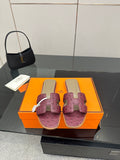Hermes ladies sandals in purple suede, with beige footbed and buckle straps