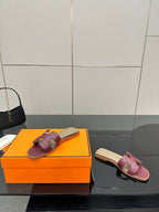 Hermes ladies sandals in purple suede, beige footbeds, slip-on design