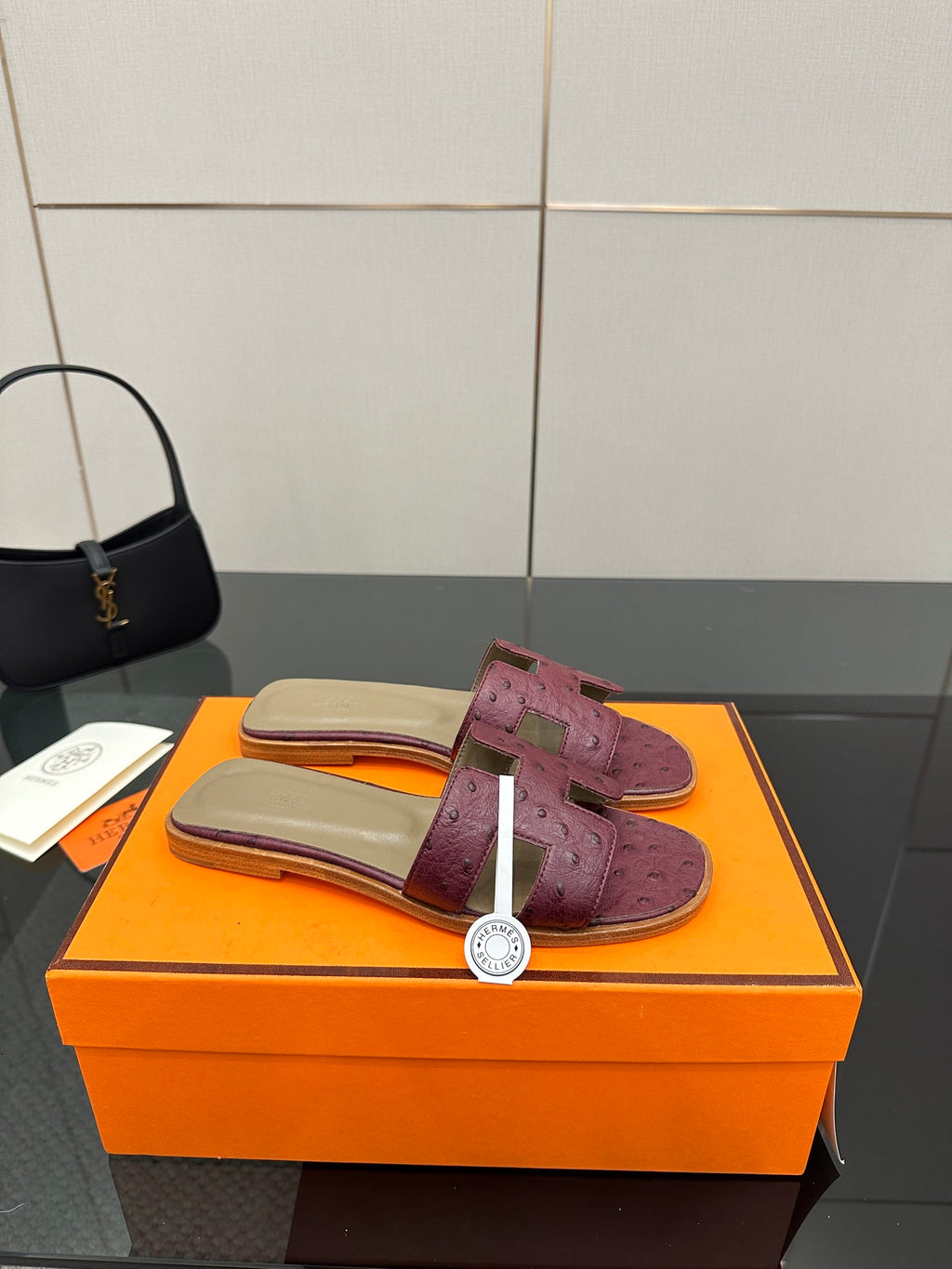 Hermes ladies slide sandals in purple suede, beige lining and strap hardware charm