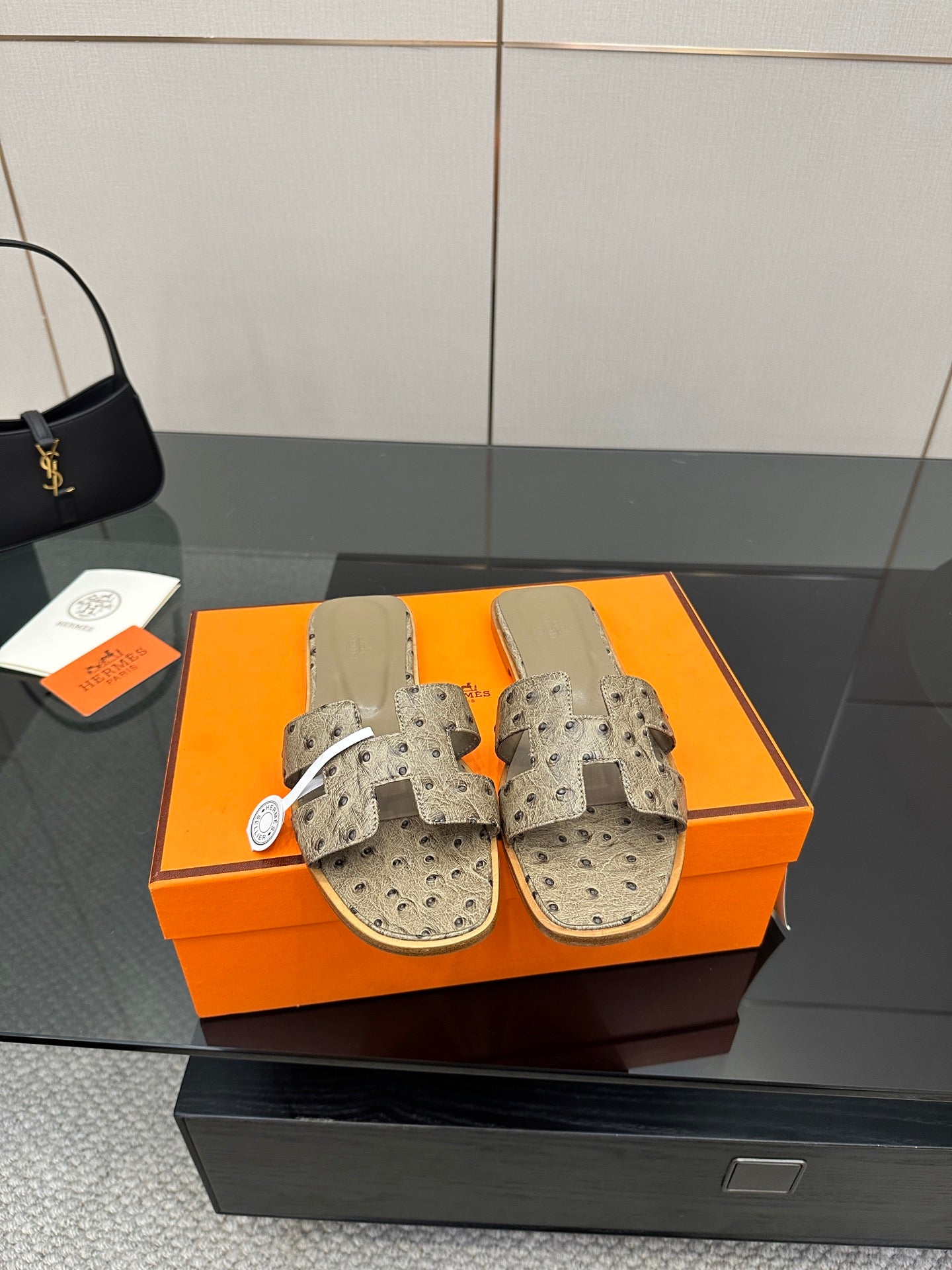 Hermes womens slide sandals, light gray suede with perforated stud pattern and strap detail