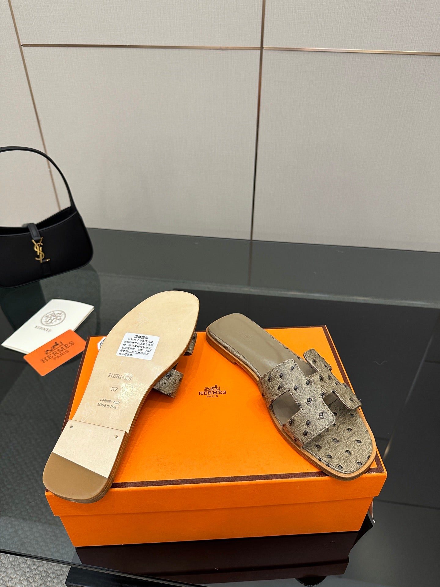 Hermes womens slide sandals, light gray perforated suede with open heel and wide strap