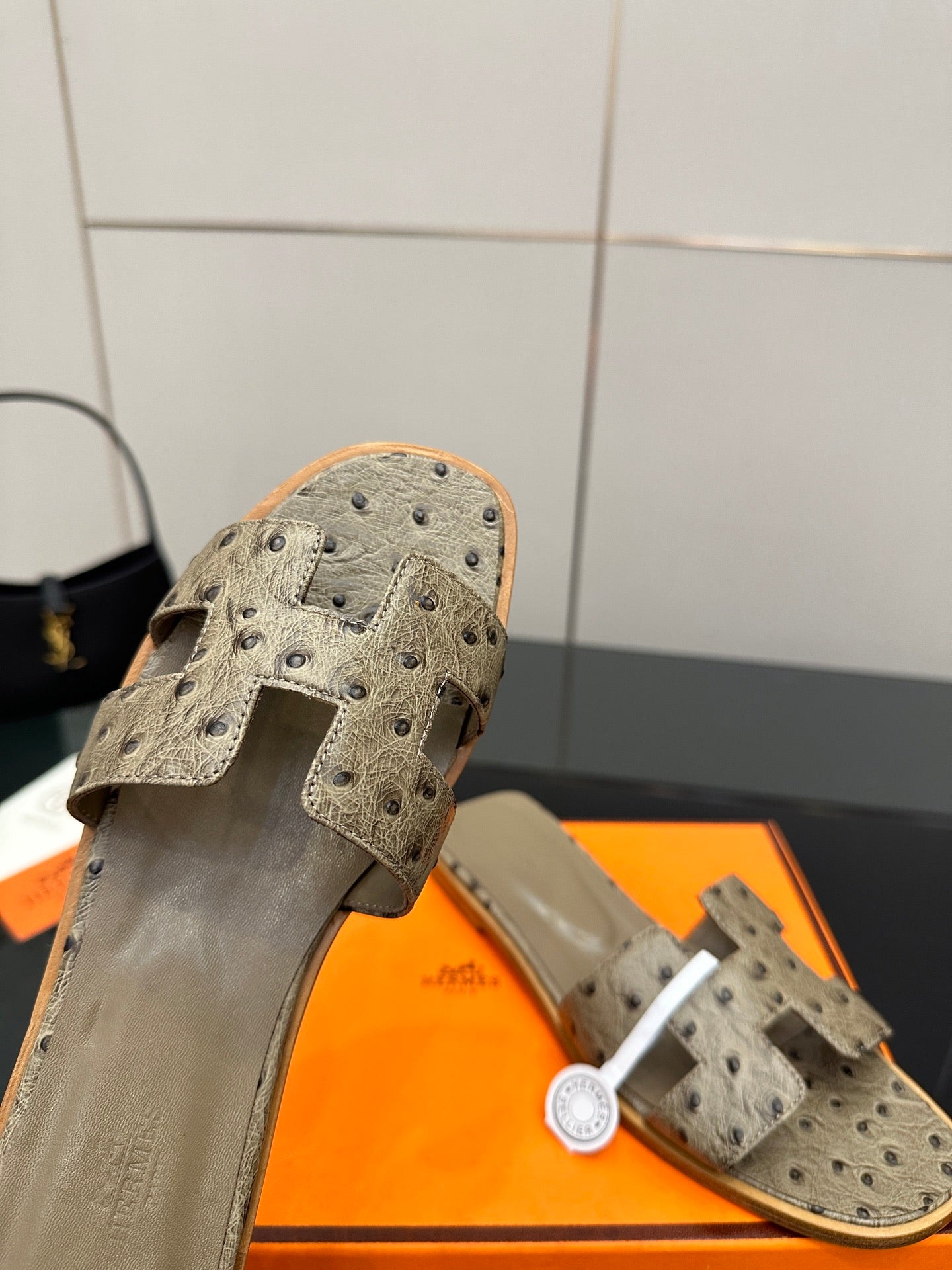 Hermes womens slide sandal upper in light gray perforated suede with wide strap detail