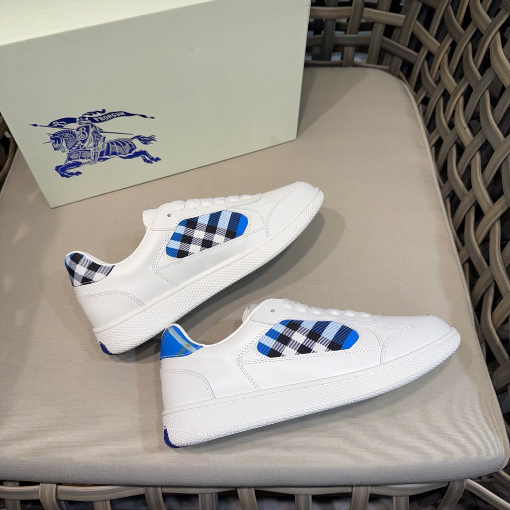 Burberry white low-top sneakers with blue check overlays