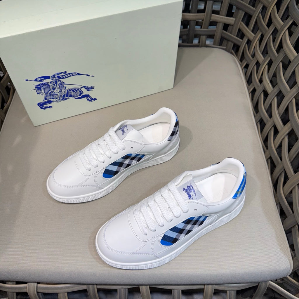 Burberry white sneakers with blue check heel and side stripe