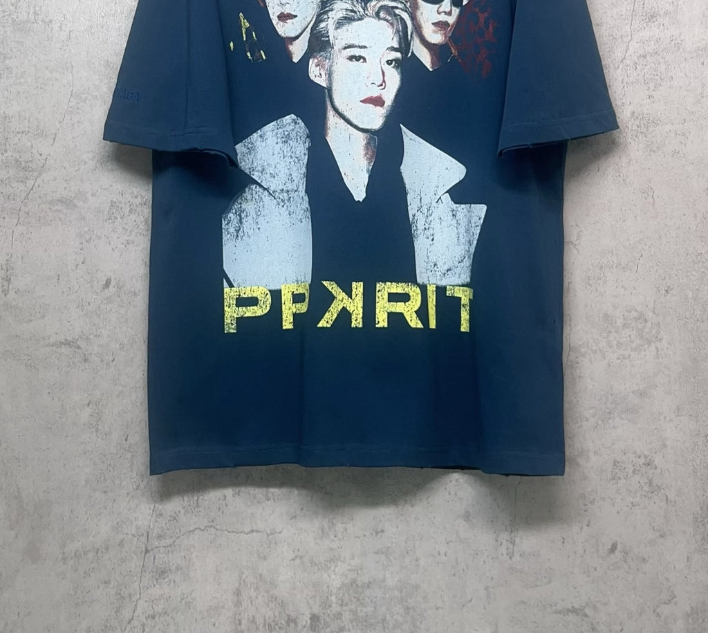 Blue graphic T-shirt with three-portrait print and PPXPRIT lettering