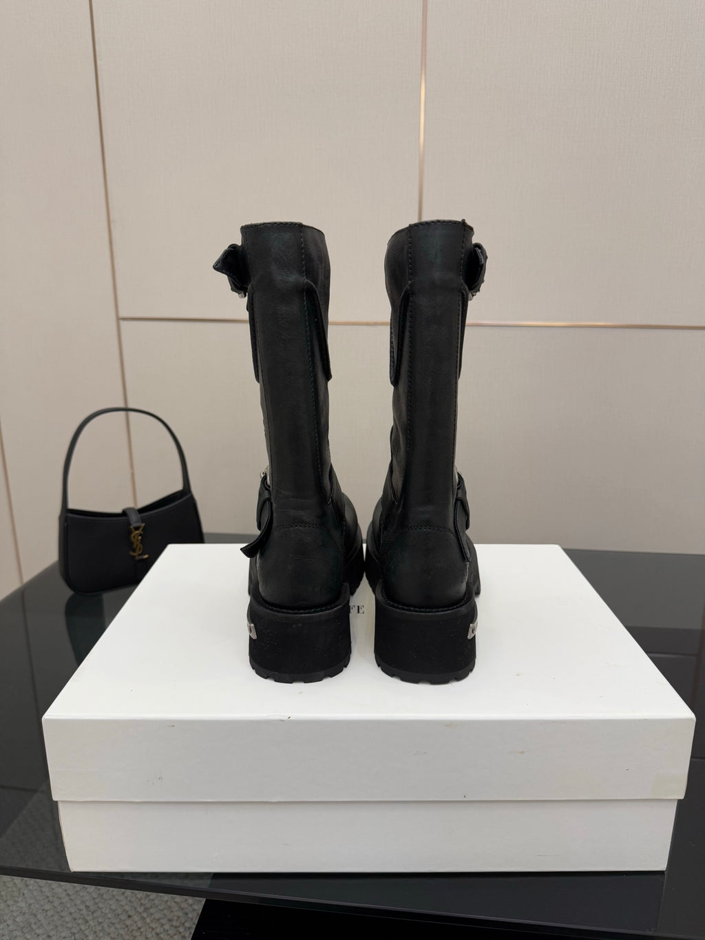 Balenciaga women's black mid-calf boots with back pull tabs and chunky tread soles