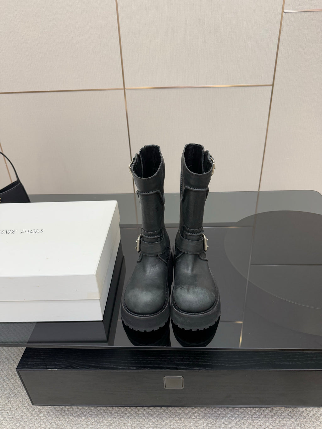 Balenciaga women's black mid-calf boots with side ankle strap and chunky outsole