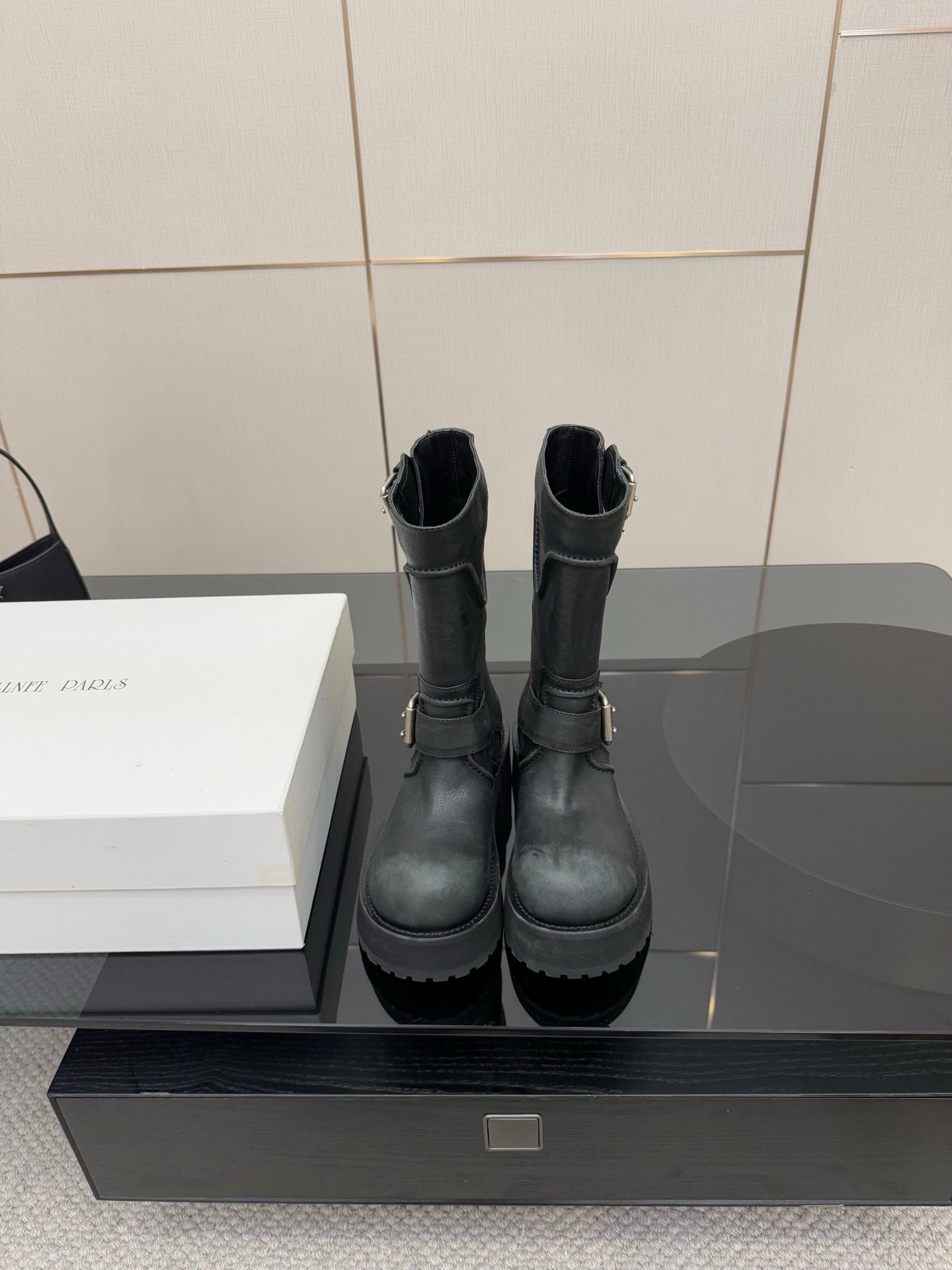 Balenciaga women's black mid-calf boots with side ankle strap and chunky outsole
