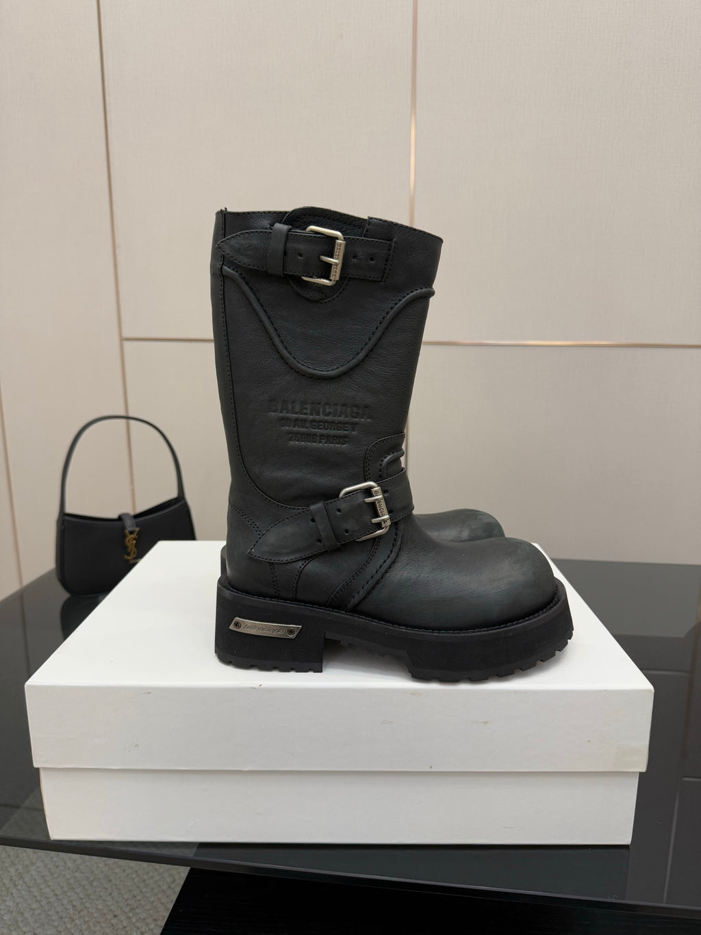 Balenciaga women's black mid-calf boot with ankle strap buckles and chunky outsole
