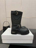 Balenciaga women's black mid-calf boot with ankle strap buckles and chunky outsole