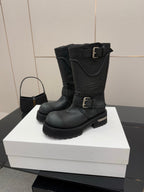 Balenciaga women's black mid-calf boots with single side buckle strap and flat sole