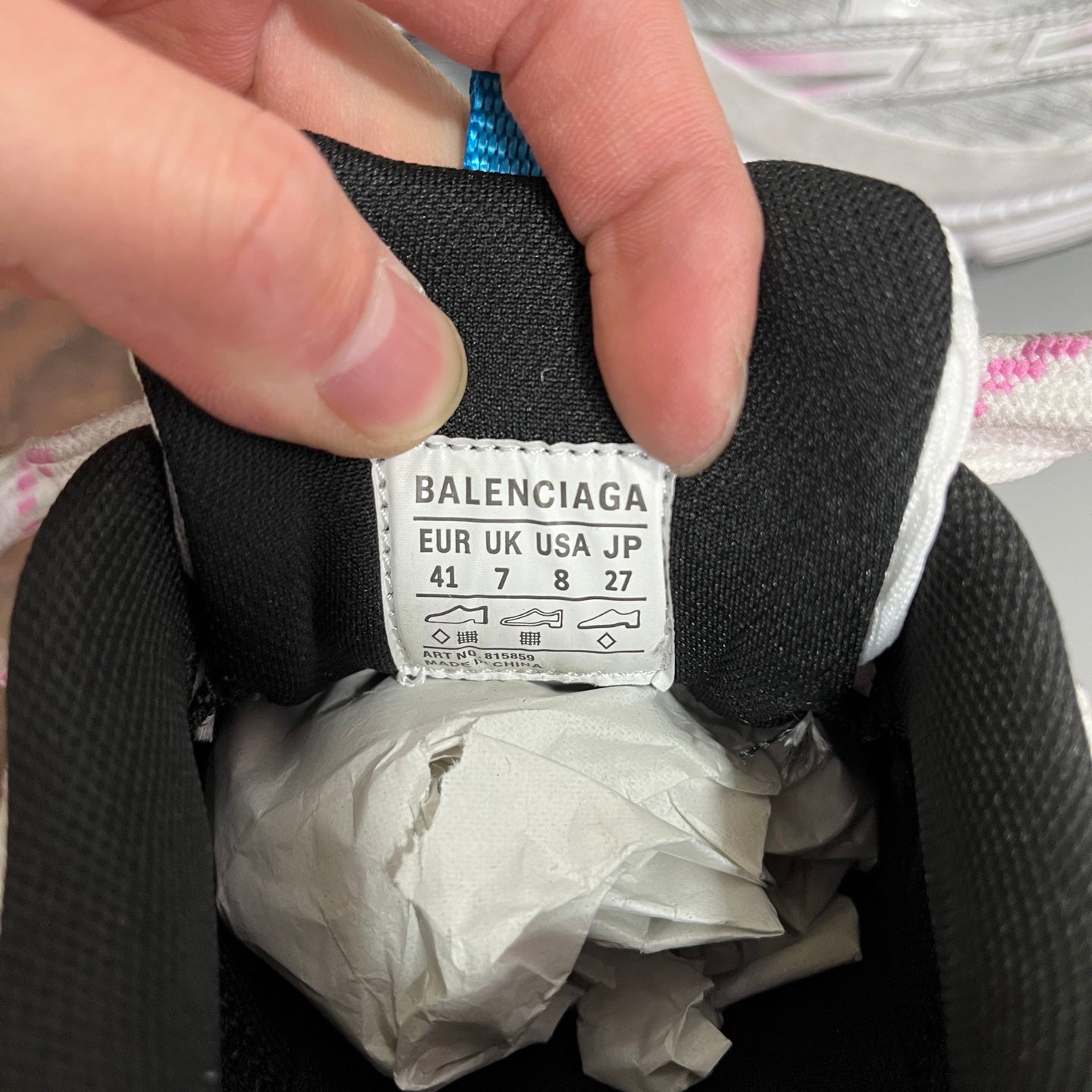 Black Balenciaga shoe interior label with size and fit information