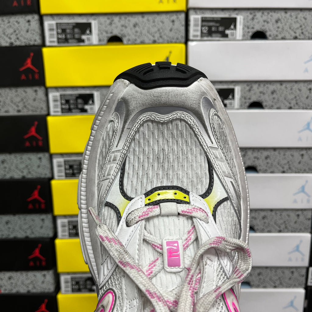 Balenciaga unisex sneakers, rear view with white textured upper and pink lace trim