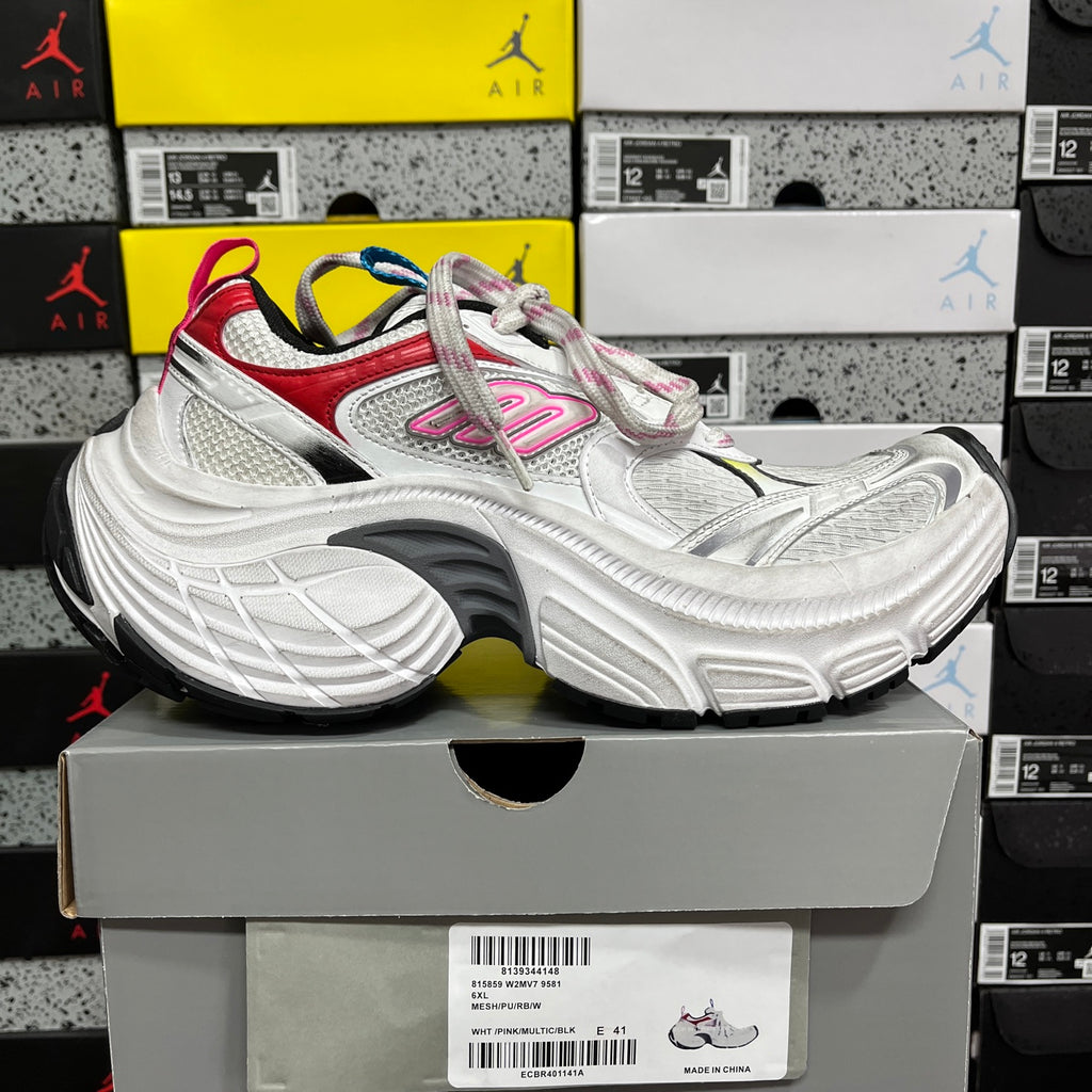 Balenciaga unisex sneakers, white mesh upper with red and pink logo accents, thick sole