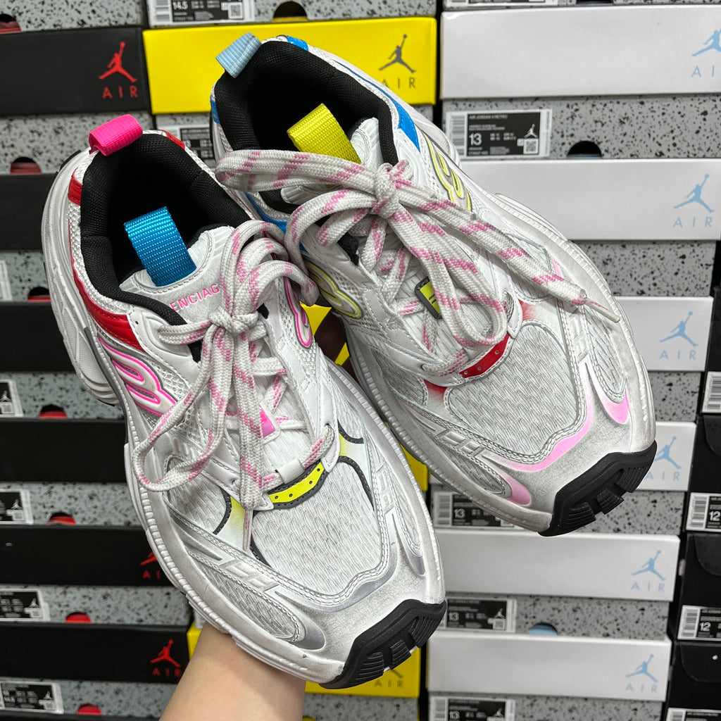 Balenciaga unisex sneakers, pair view with white mesh, pink accents, and multicolor laces