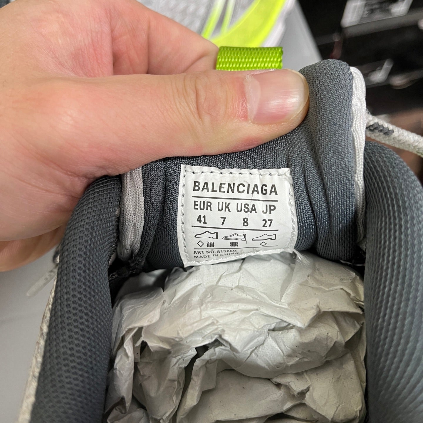 Balenciaga size label on grey sneaker tongue, 'EUR UK USA' and size 41