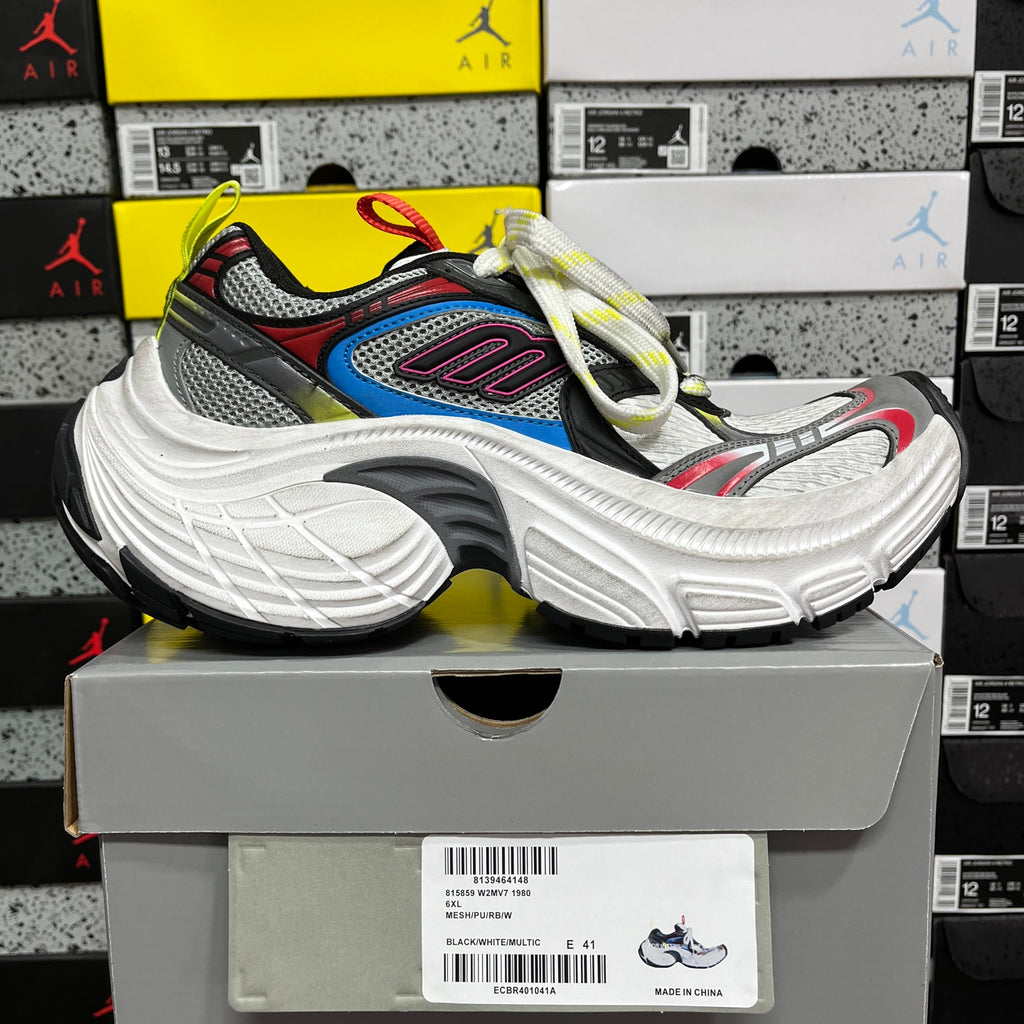 Balenciaga sneakers, black and gray knit with multicolor panels, white midsole