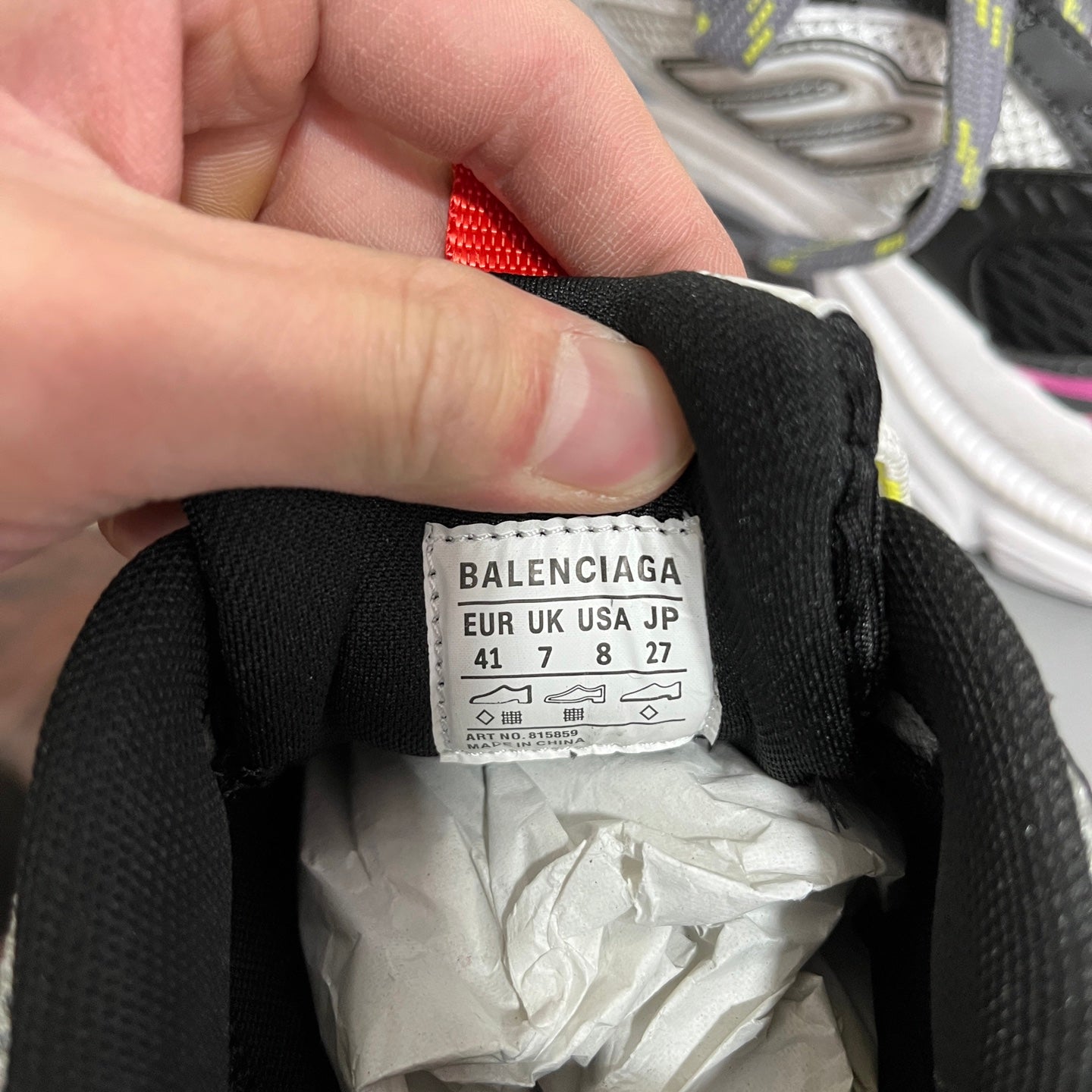 Black Balenciaga shoes with size label inside