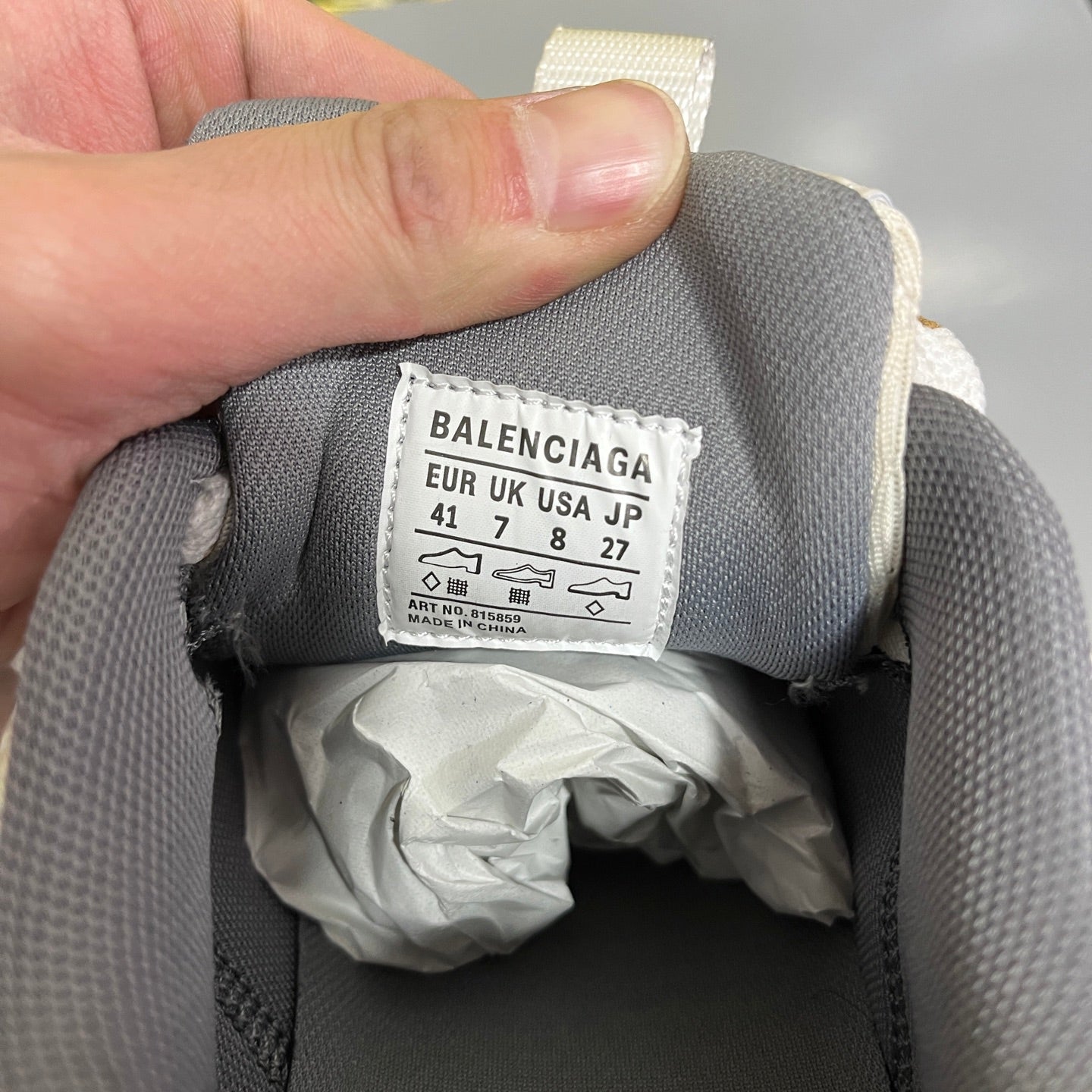 Balenciaga size label inside sneaker lining, shows UK/US/J; size 41.