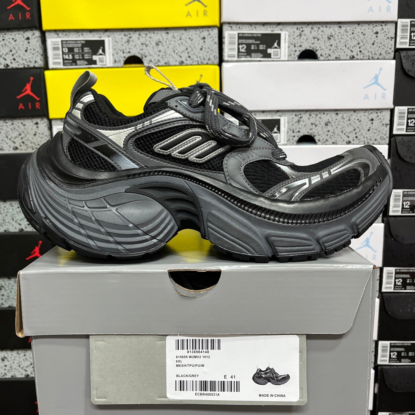 Balenciaga unisex chunky sneakers, dark gray with sporty side stripes and lace-up