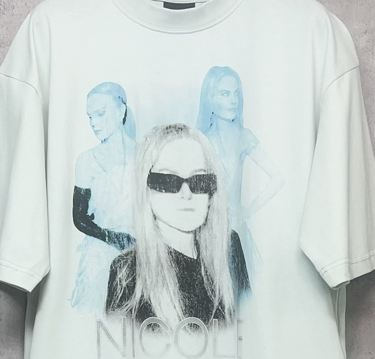 Balenciaga white T-shirt close-up of Nicole portrait graphic with sunglasses