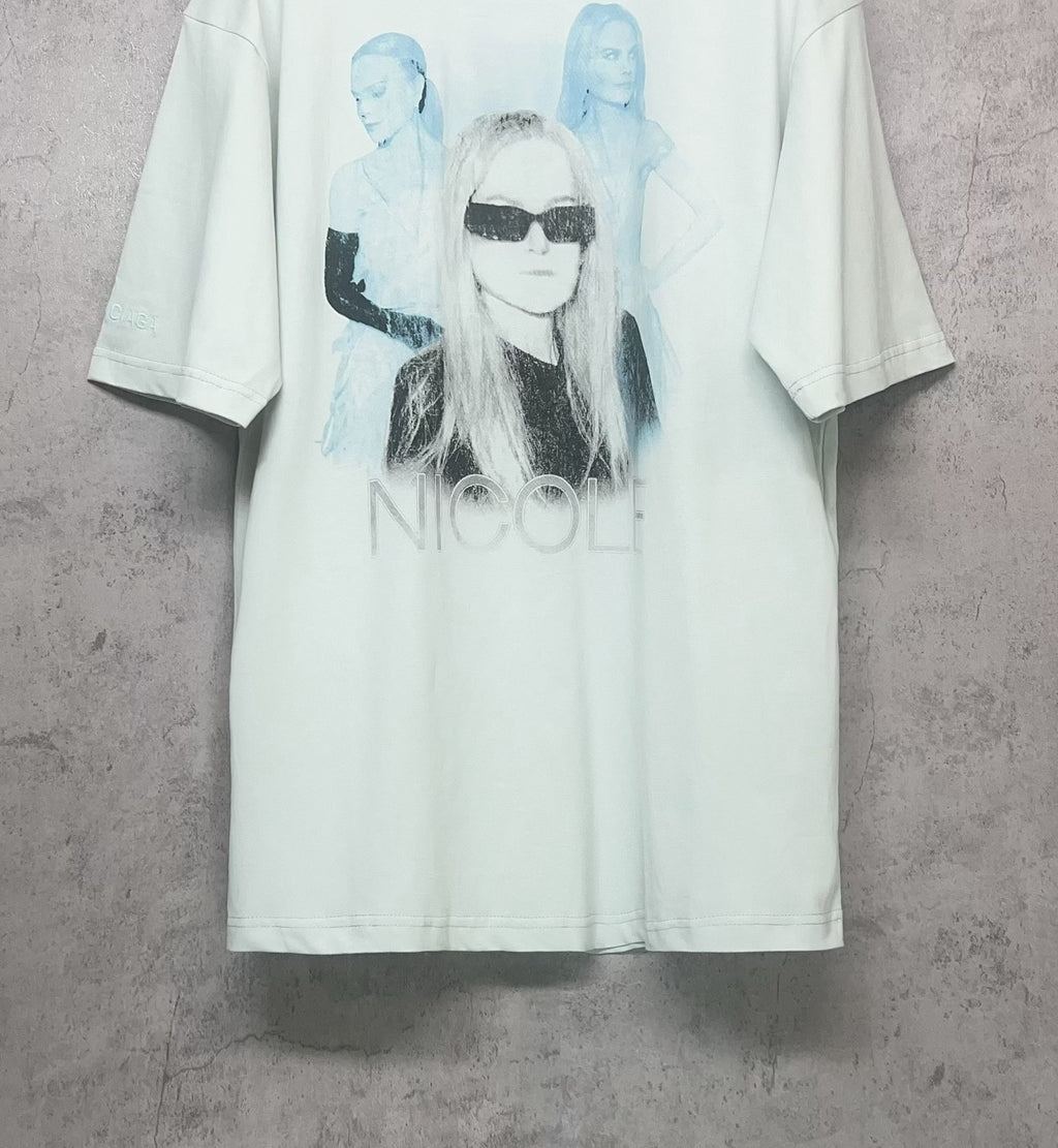 Balenciaga white T-shirt full front with Nicole graphic portrait and sunglasses