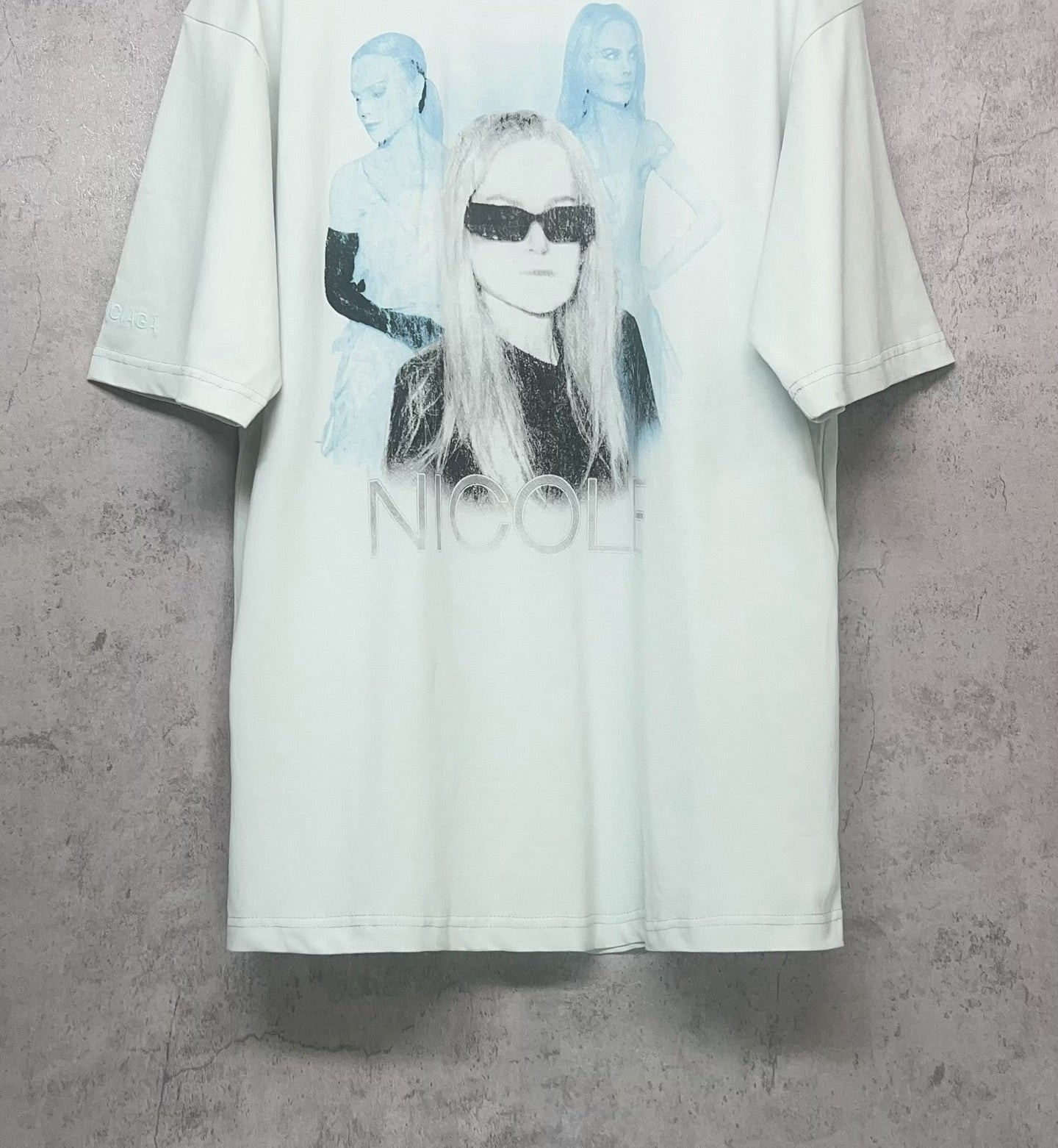 Balenciaga white T-shirt full front with Nicole graphic portrait and sunglasses