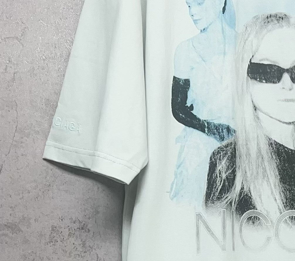 Balenciaga white T-shirt sleeve and side with small Nicole graphic print