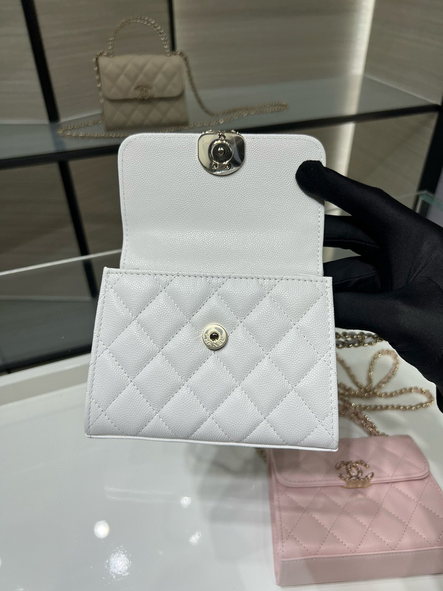 Chanel white quilted leather card case with gold snap and chain loop