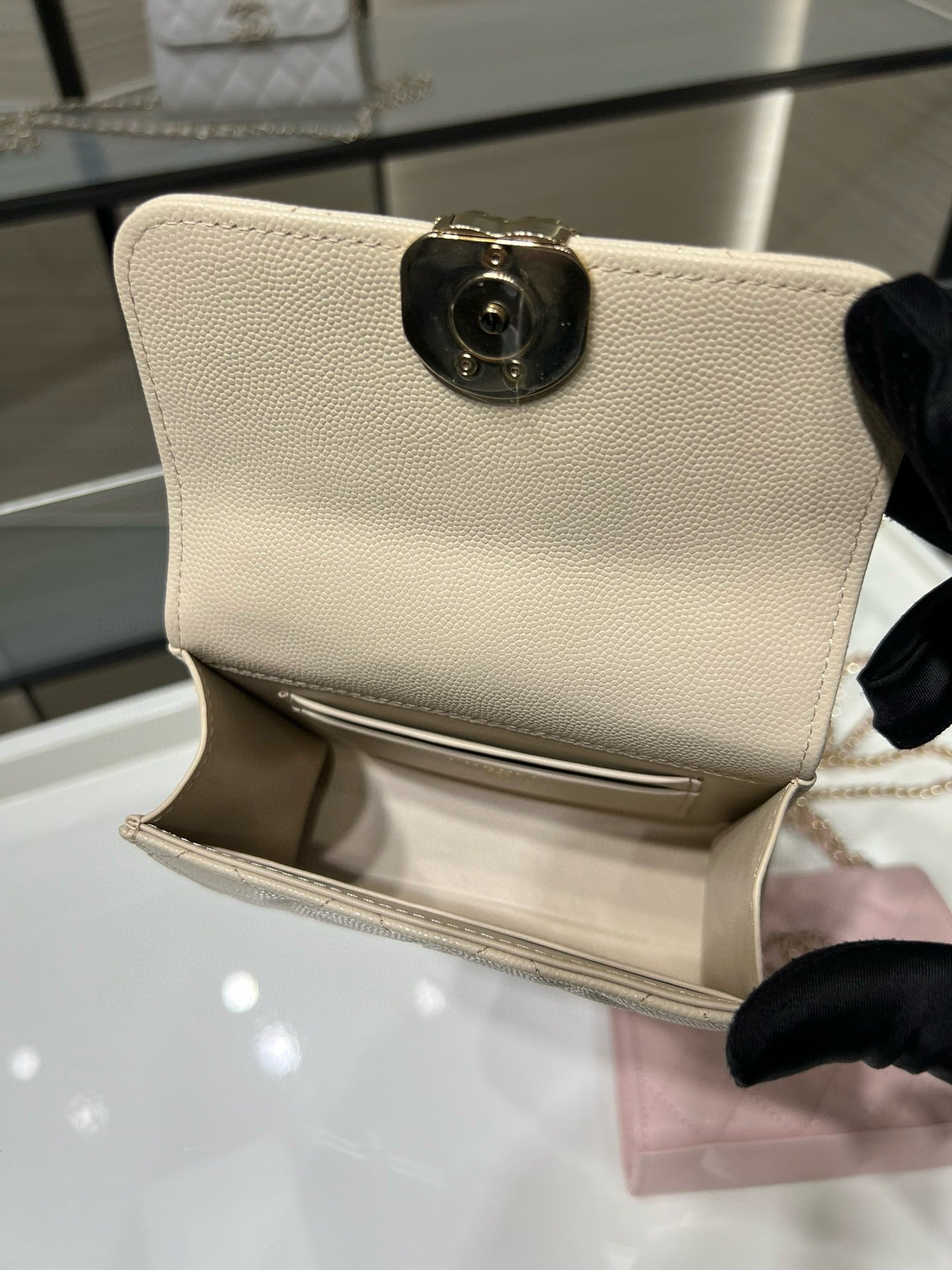 Chanel small cream shoulder bag with gold-tone logo turn-lock clasp