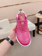 Burberry pink lace-up sneakers, front view with patterned collar lining