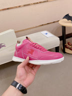 Burberry pink low-top sneakers, lace-up side view with white sole