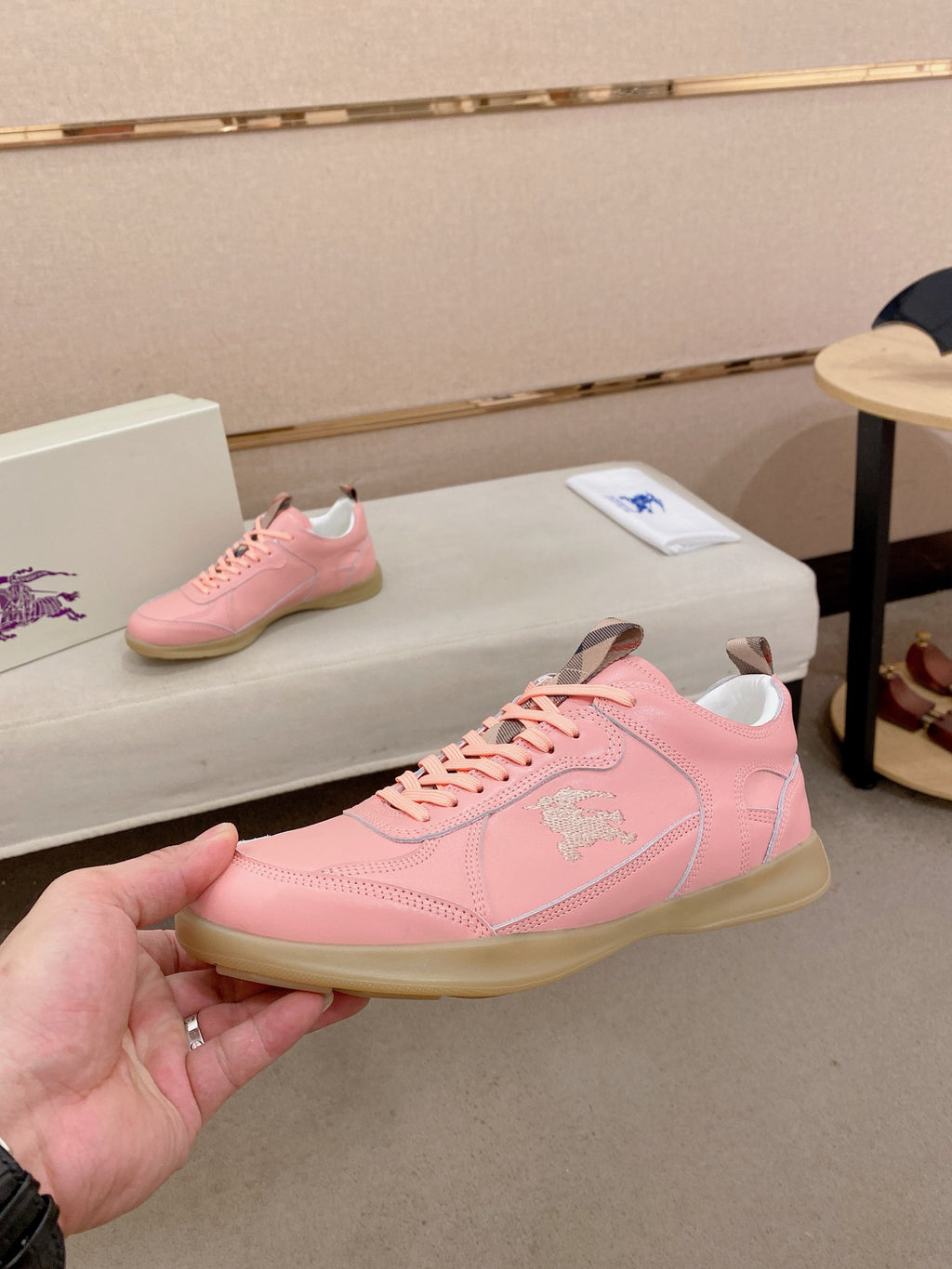 Burberry pink low-top sneaker with side crest logo and rubber sole