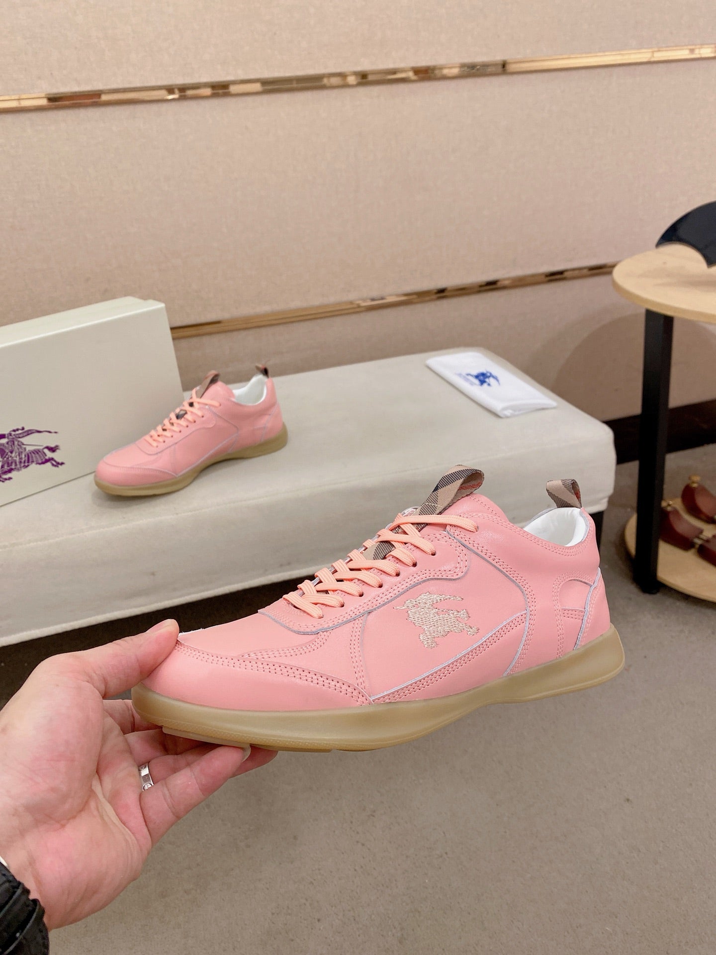 Burberry pink low-top sneaker with side crest logo and rubber sole