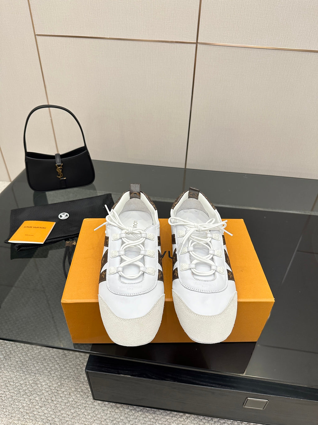 Louis Vuitton ladies sneakers in white with brown monogram side panels and white laces