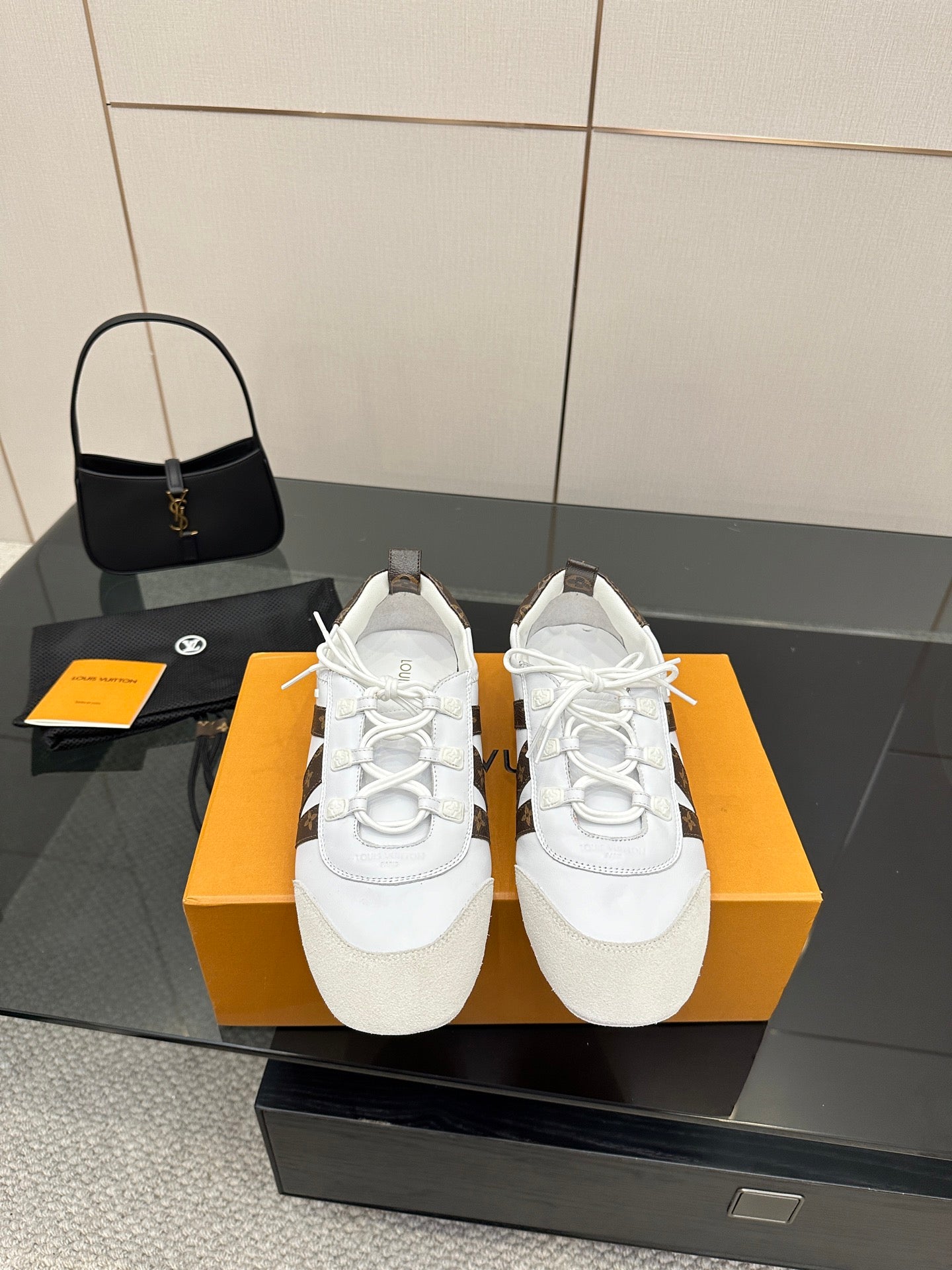 Louis Vuitton ladies sneakers in white with brown monogram side panels and white laces